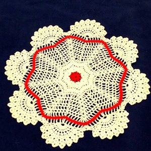 White & Red Crochet doily 14” EUC